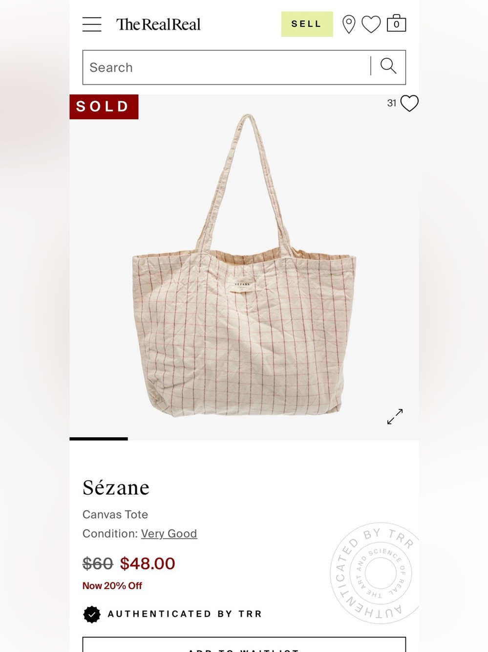 Sézane Certified Organic Canvas Tote in Cream with Red & Pink Windowpane pattern